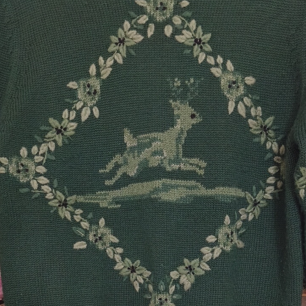 Herman Geist Green Sweater Deer Design Vintage Grandmacore Eclectic Cottagecore - Picture 4 of 14